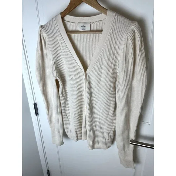 Wilfred Aritzia Ribbed Puff Sleeve Sweater Wool Cardigan Ivory Cream Sz Medium M - Picture 3 of 9